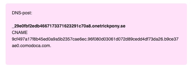 Exempel på CNAME-post för DNS-verifiering av SSL/TLS-certifikat