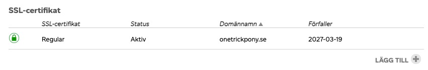 Avsnittet SSL-certifikat i Loopia Kundzon med ett aktivt Regular-certifikat för onetrickpony.se