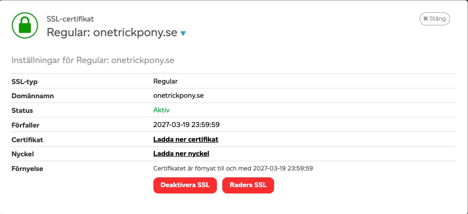 Inställningsrutan för ett Regular-certifikat med länkarna Ladda ner certifikat och Ladda ner nyckel